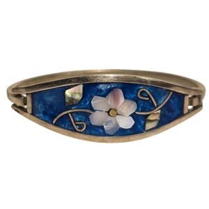 Mexico Inlay Bangle Bracelet Abalone Mother of Pearl Flower Blue Hinged